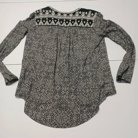 Lucky Brand Womens S Boho High Low Split Back Black Embroidered Paisley Shirt - Picture 2 of 12